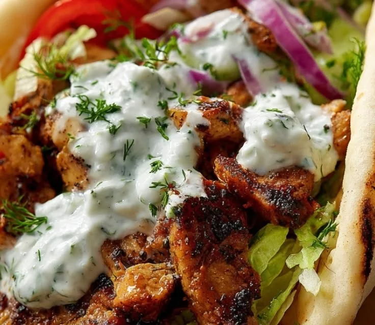 Delicious Greek Chicken Gyros served with pita and tzatziki sauce.