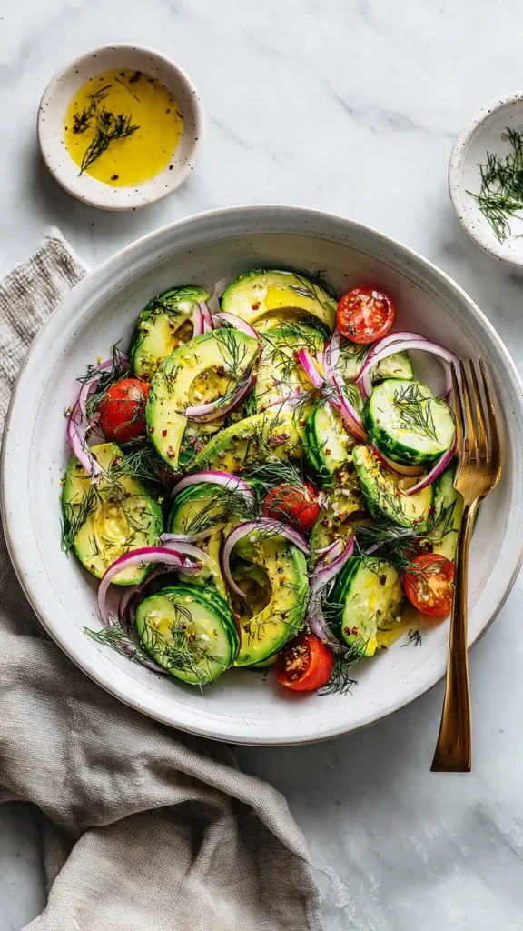 Fresh avocado cucumber salad with herbs and dressing.
