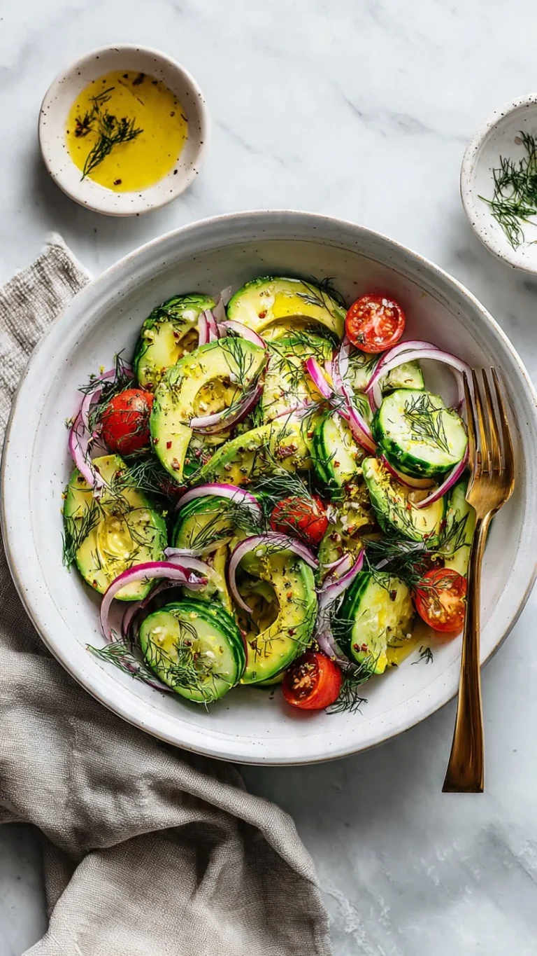 Fresh avocado cucumber salad with herbs and dressing.
