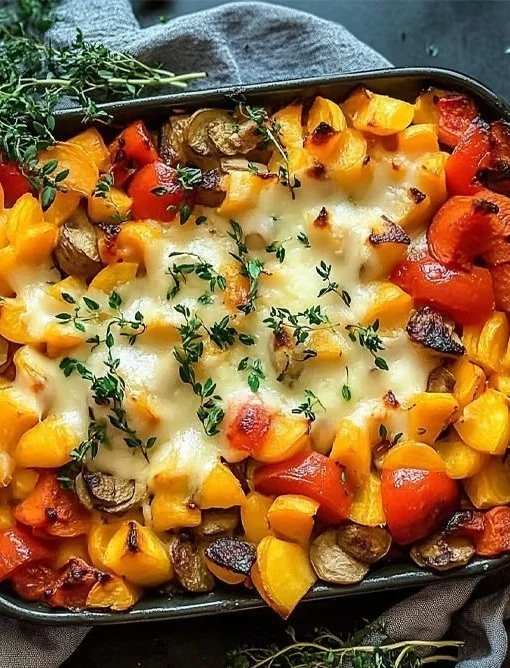 Baked vegetable casserole topped with melted cheese and fresh herbs