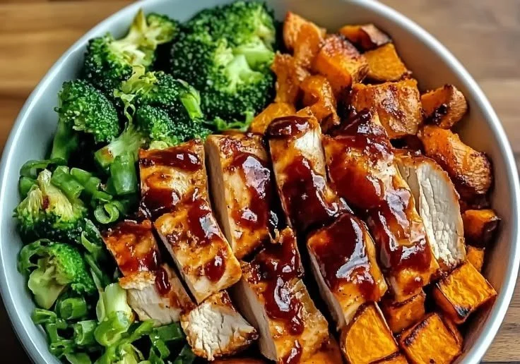 BBQ Chicken Sweet Potato Bowl topped with fresh herbs and vegetables