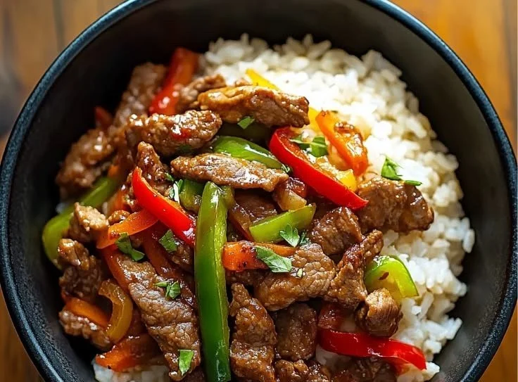 Delicious Beef and Pepper Rice Bowl with tender beef and colorful peppers over rice