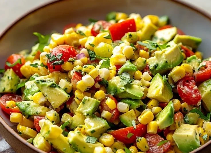 Delicious summer corn salad with fresh avocado and colorful vegetables