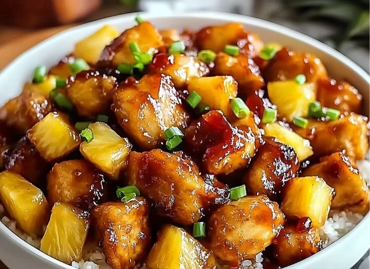 Delicious Brown Sugar Pineapple Chicken with vibrant colors and juicy flavors.