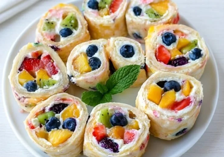 Cheesecake fruit salad roll ups with fresh fruits and cream cheese filling