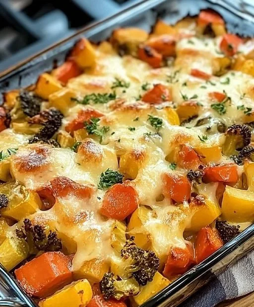 Delicious cheesy veggie casserole baked to perfection with fresh vegetables.