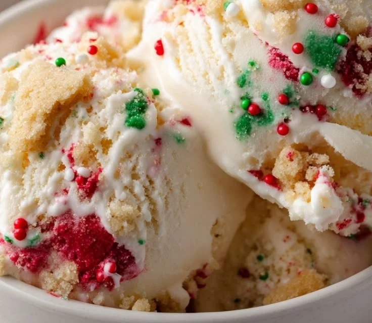 A bowl of Christmas cookie ice cream with colorful sprinkles and cookie pieces