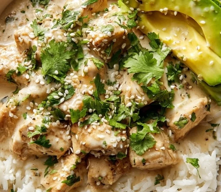 Creamy coconut chicken rice bowls topped with fresh herbs