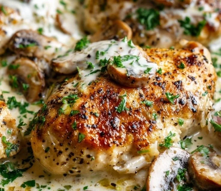 Creamy Boursin chicken dish garnished with herbs and served on a plate