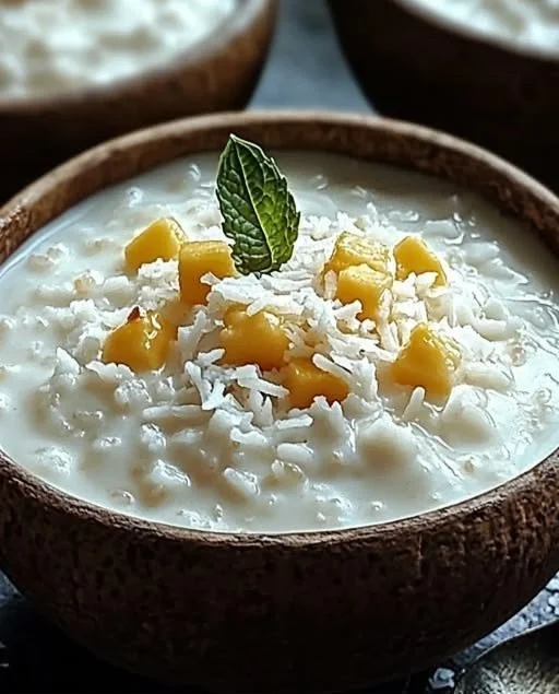Delicious creamy coconut rice pudding served in a bowl