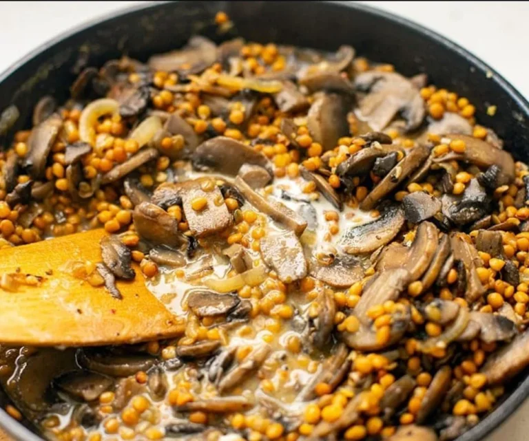 Delicious creamy lentil mushroom stroganoff served in a bowl