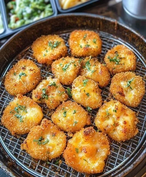 Crispy mac and cheese snacks served on a plate.
