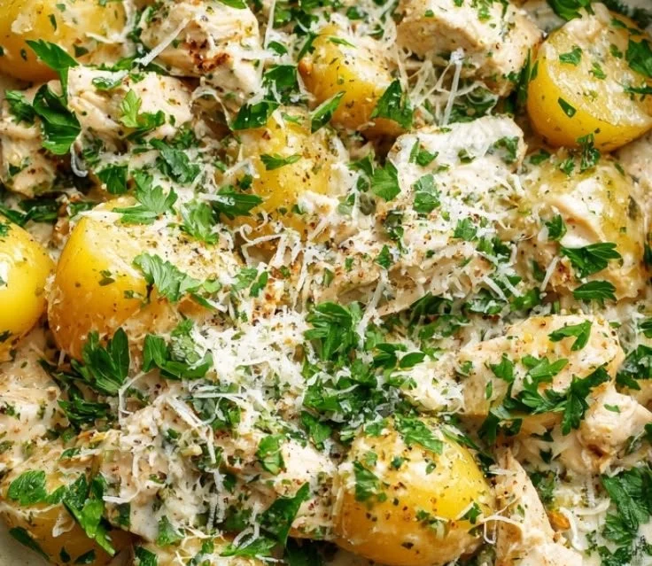 Crockpot Garlic Parmesan Chicken with crispy potatoes in a creamy sauce
