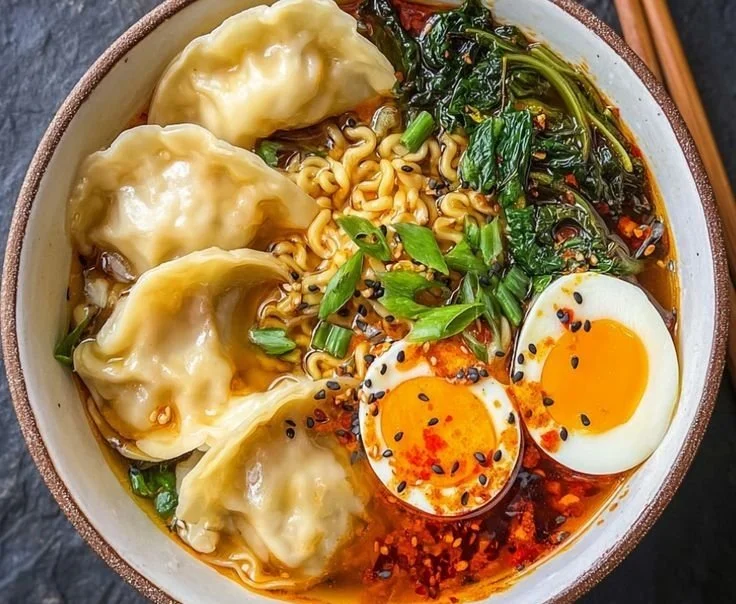 Delicious Dumpling Ramen Bowl with broth and dumplings