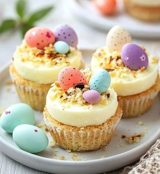Easter Egg Cheesecake Cups topped with colorful chocolate eggs and whipped cream
