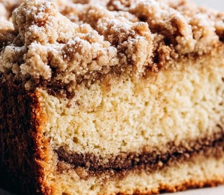 Loaf of easy homemade cinnamon streusel bread with a crumbly topping