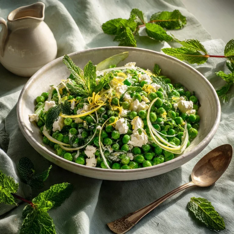 Easy minted pea salad with fresh peas and mint leaves