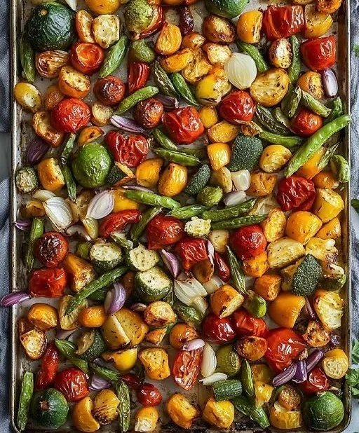 Colorful and healthy sheet pan roasted veggies ready to serve.