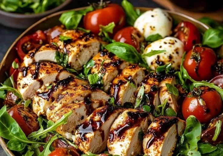 Bowl of Easy Summer Chicken Salad with vibrant vegetables and chicken slices