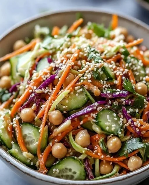 Asian cucumber and chickpea slaw served in a bowl with fresh veggies.