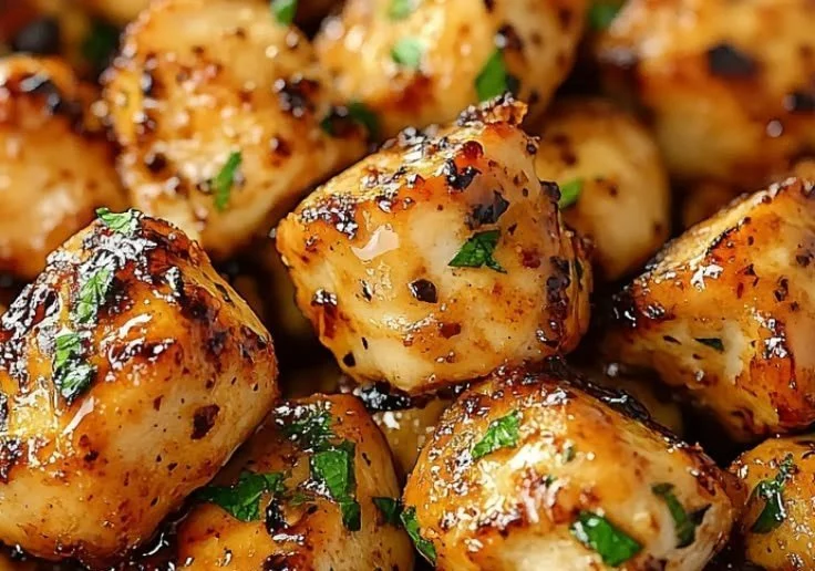Delicious Garlic Butter Chicken Bites served on a plate with herbs.