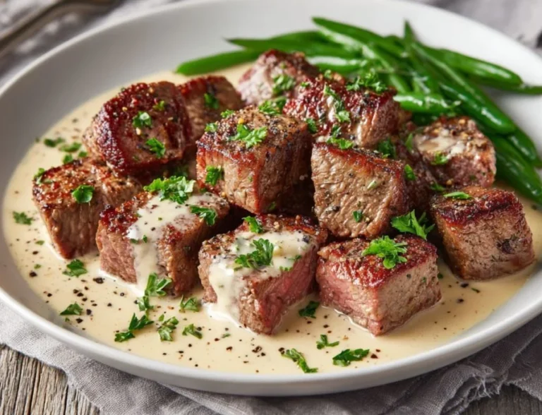 Delicious Garlic Butter Steak topped with creamy Parmesan sauce on a plate.