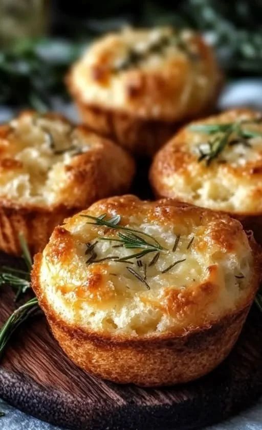 Garlic rosemary focaccia muffins baked to perfection, garnished with herbs.