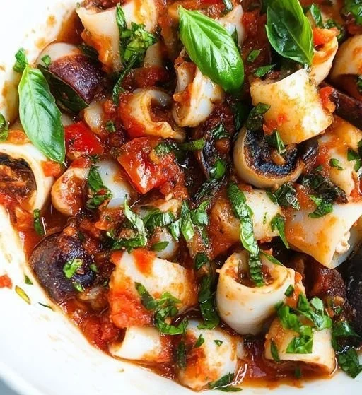 Plate of garlic squid in tomato basil sauce garnished with fresh herbs