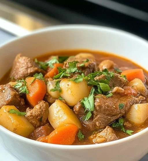 Delicious bowl of hearty slow cooker beef stew with vegetables