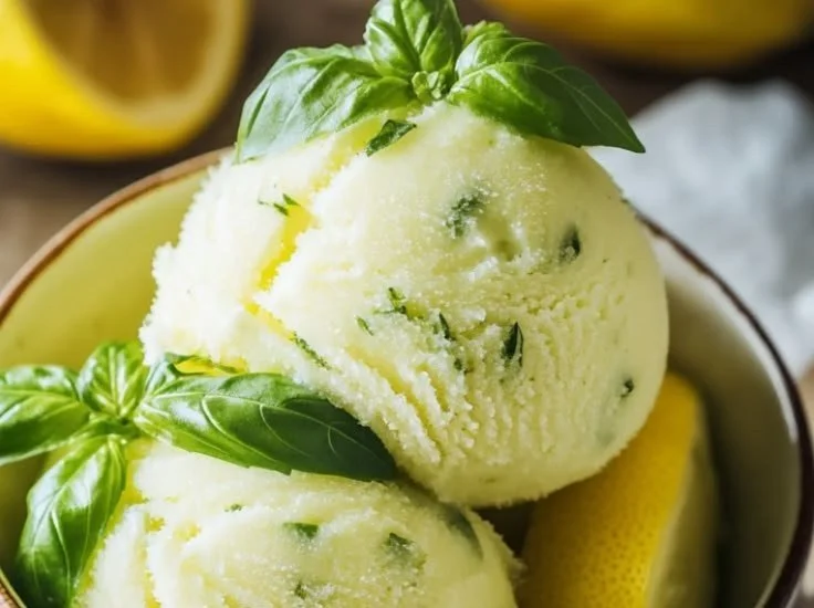 Delicious Lemon Basil Sorbet served in a bowl with fresh basil leaves