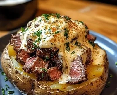 Loaded steak potatoes topped with cheese and green onions