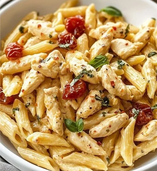 Creamy Marry Me Chicken Pasta plated with fresh herbs and cheese