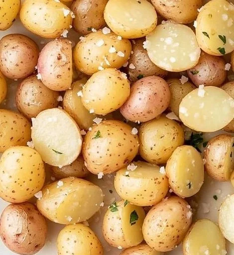 Plate of roasted baby potatoes with Parmesan and garlic seasoning