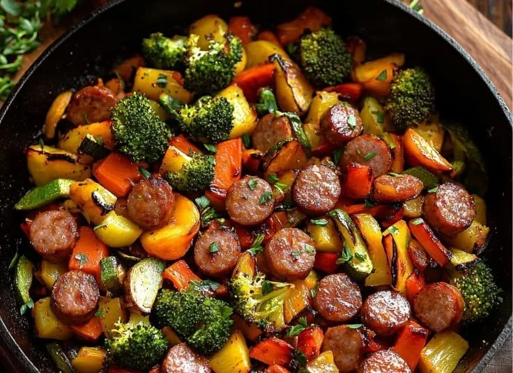Colorful sausage and veggies skillet cooked in one pan for a quick meal
