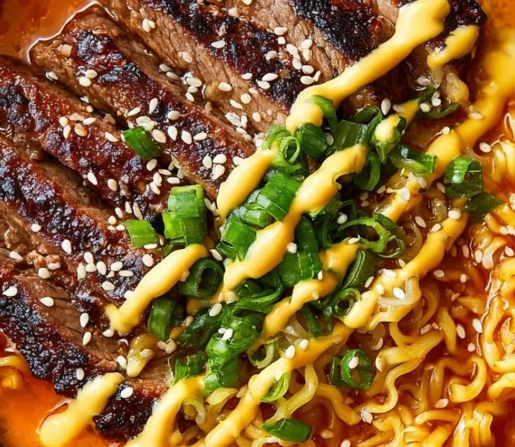 Spicy Korean ramen bowl topped with smoky grilled beef and green onions