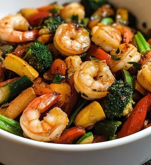 Spicy shrimp and veggie stir-fry served in a colorful plate