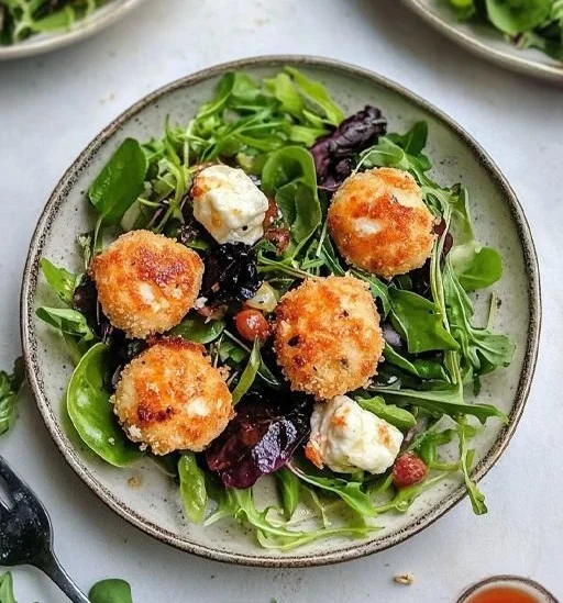 Fresh spring salad with crispy goat cheese and colorful vegetables