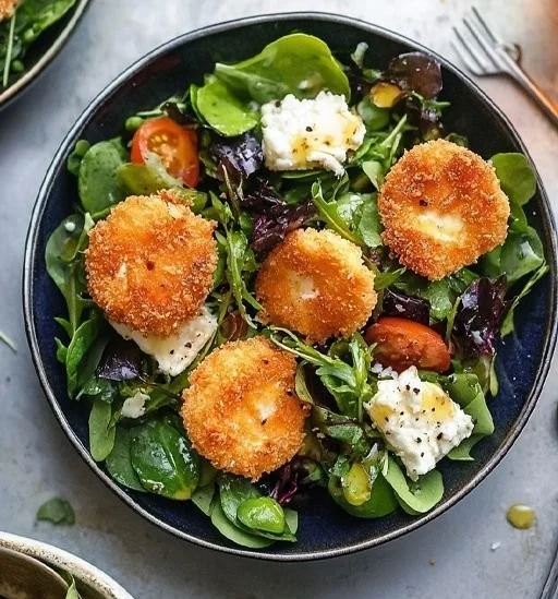 Spring Salad with crispy goat cheese topped with fresh vegetables