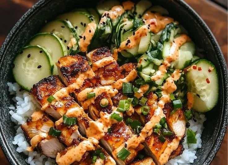 Sticky chicken rice bowls with spicy mayo served in a beautiful bowl.