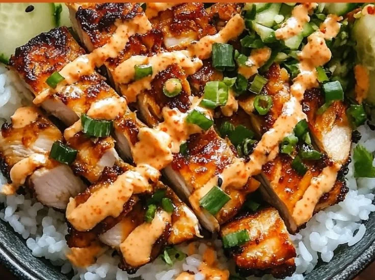 Sticky Chicken Rice Bowls with Spicy Mayo