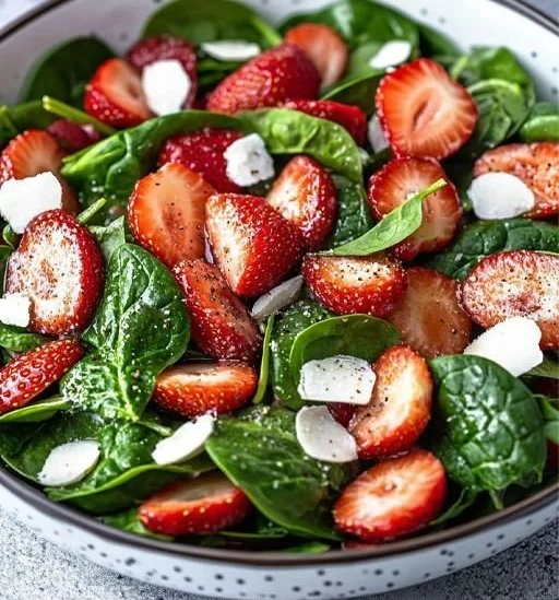 A vibrant Strawberry Spinach Salad served with walnuts and a light dressing