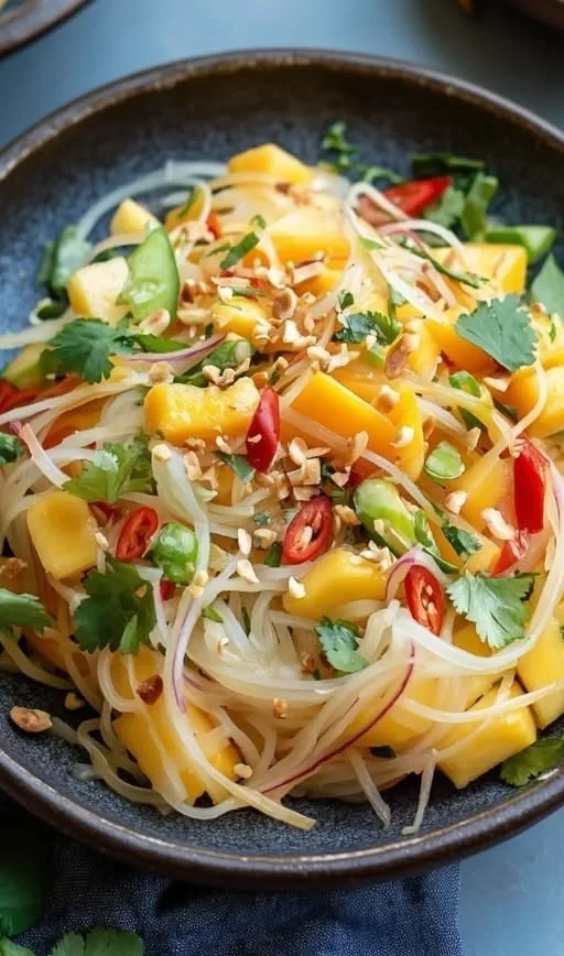 Colorful bowl of Vietnamese Mango Salad with fresh ingredients and herbs