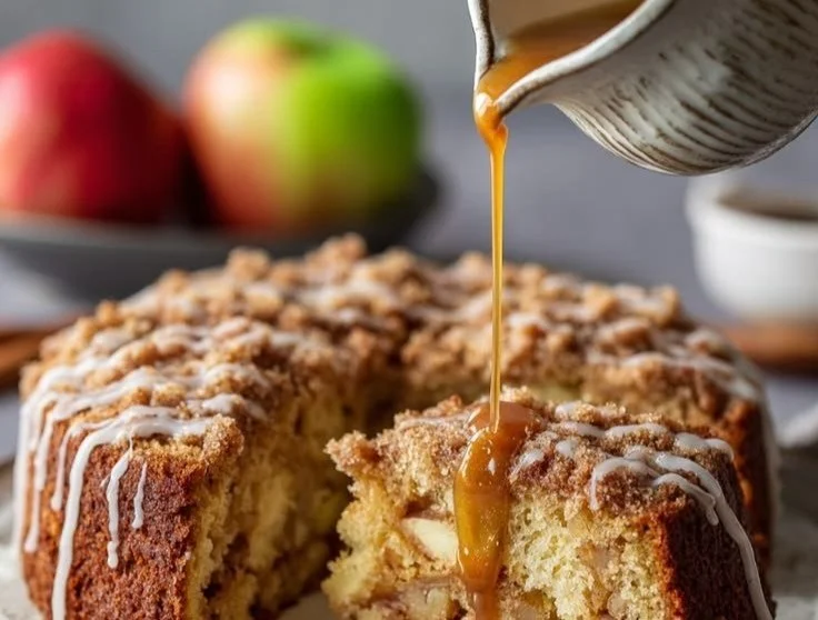 Delicious homemade apple cider cake topped with cinnamon glaze.