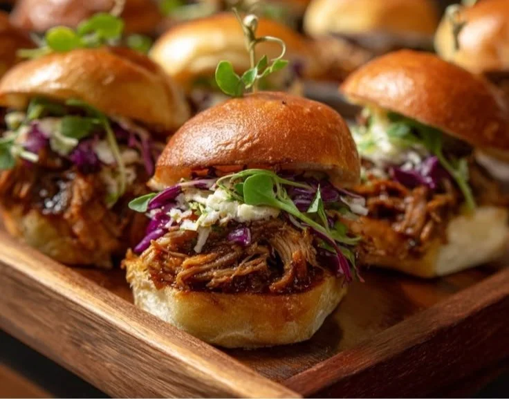 Apple Cider Pulled Pork Sliders with Pomegranate Bourbon BBQ Sauce