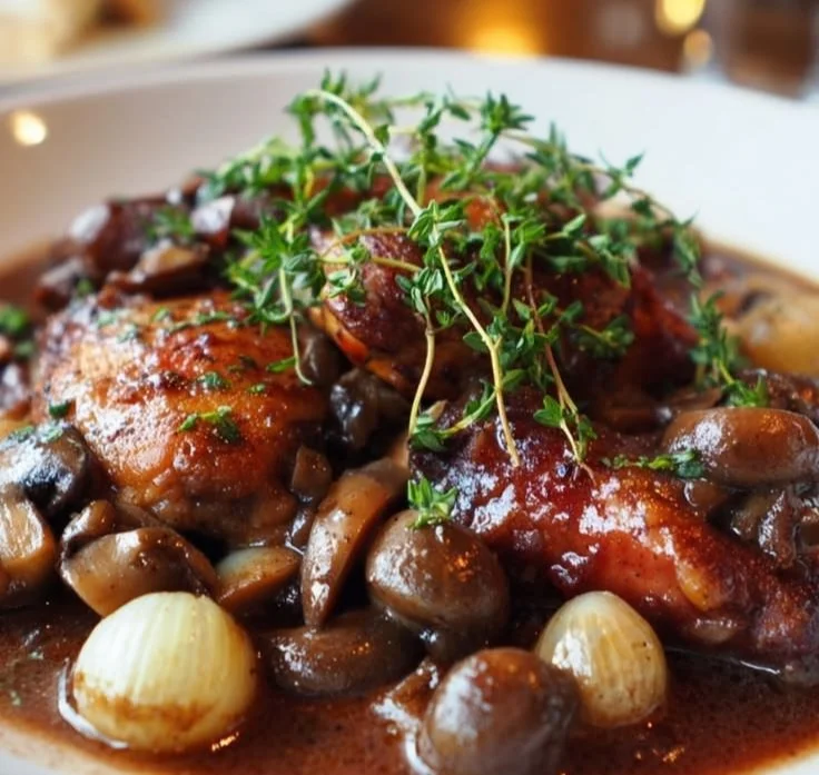 Delicious Beef Burgundy served with vegetables and garnished with herbs.