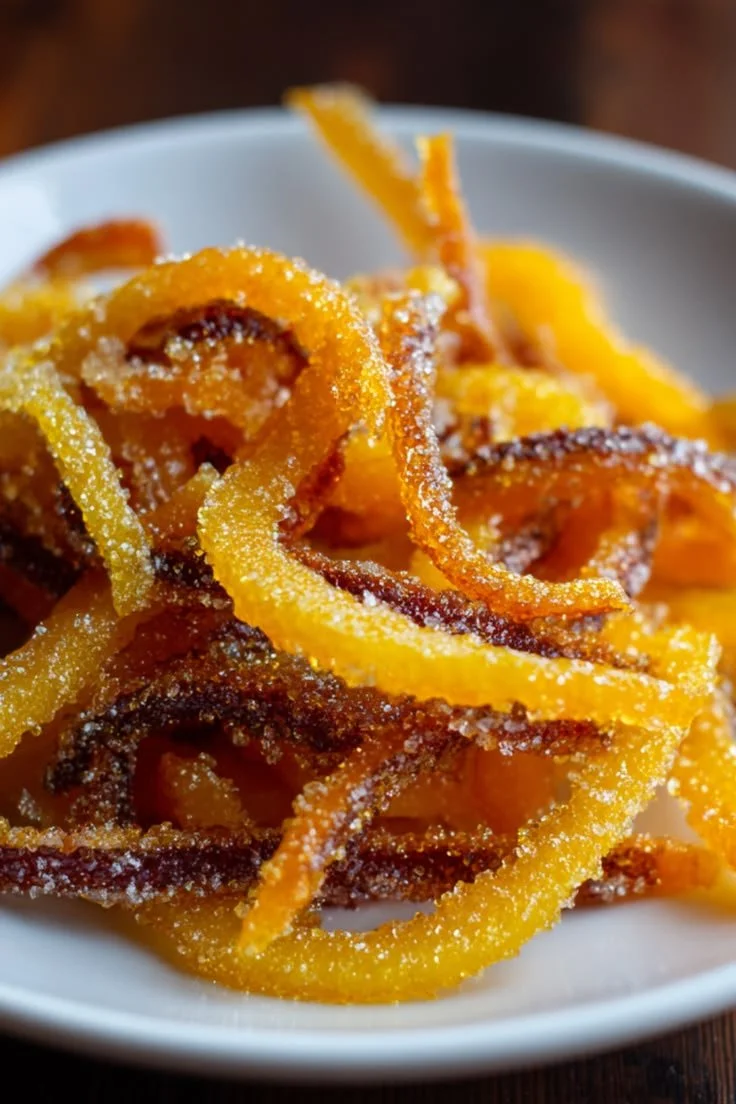 Homemade candied orange peel in a glass jar for baking and snacking.