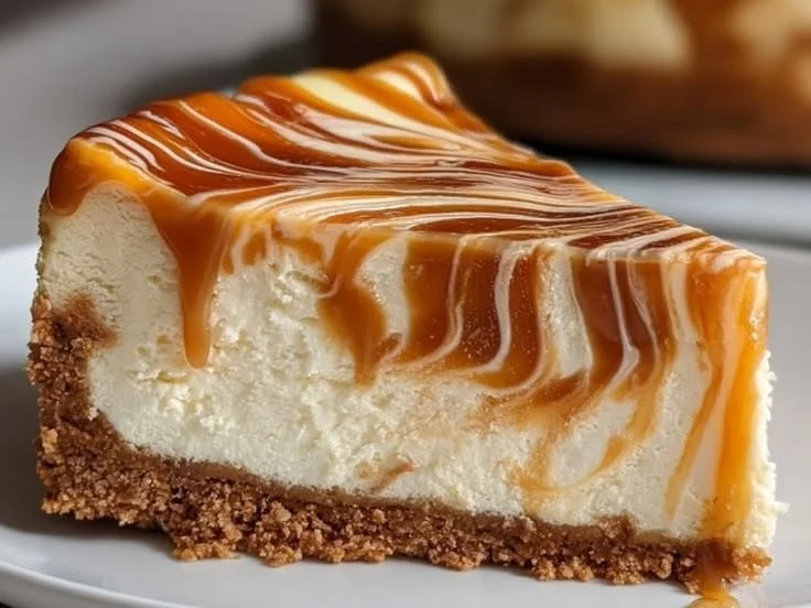 Caramel swirled cheesecake with a rich and creamy filling