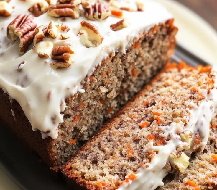 A slice of carrot cake banana bread showcasing its moist texture and garnished with nuts.