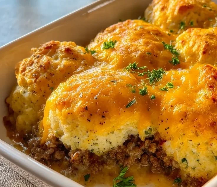 Cheddar Bay Beef Hamburger Casserole topped with cheese and green onions