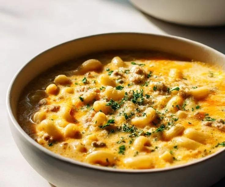 Bowl of cheesy beef macaroni soup garnished with herbs and cheese